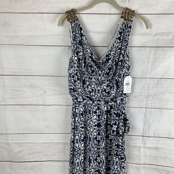 Jessica Simpson Dress maxi Blouson Belt Gown M Gold Chain elastic wedding Greek - Picture 4 of 16